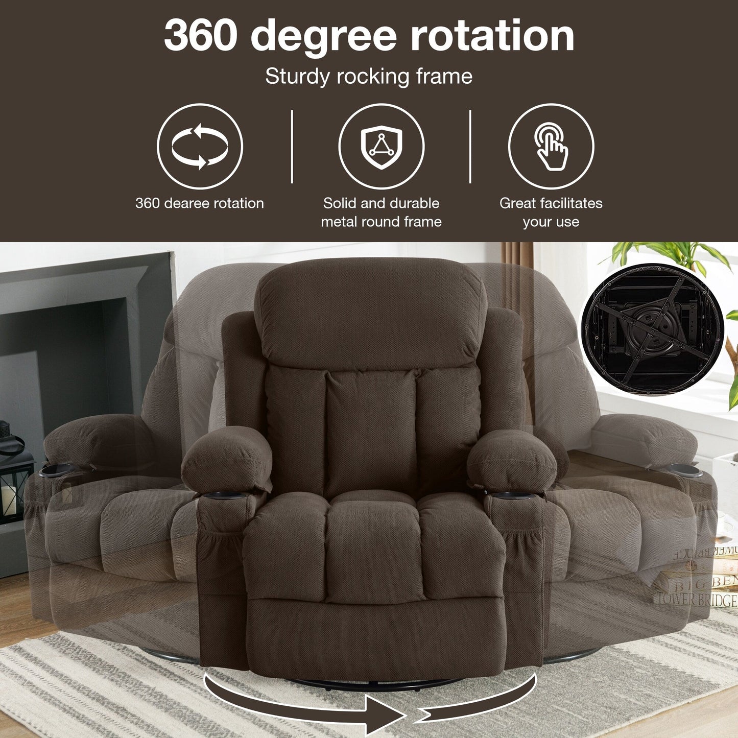 360° Swivel Heated Massage Recliner with USB Charging, Cup Holders, Side Storage, and Plush Fleece Upholstery