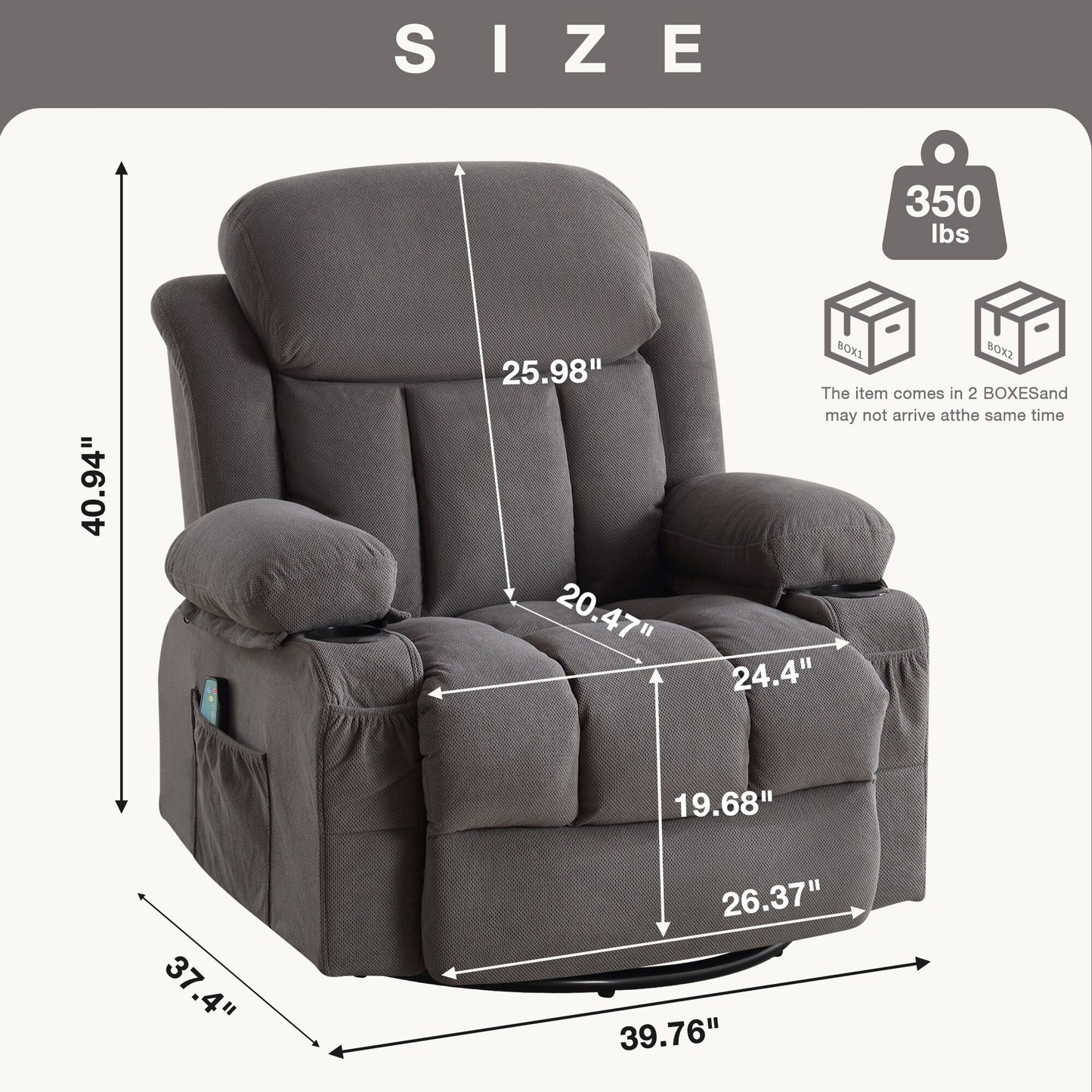 360° Swivel Massage Recliner Chair in Soft Velvet with Heat, USB, Manual Recline and Storage Pockets