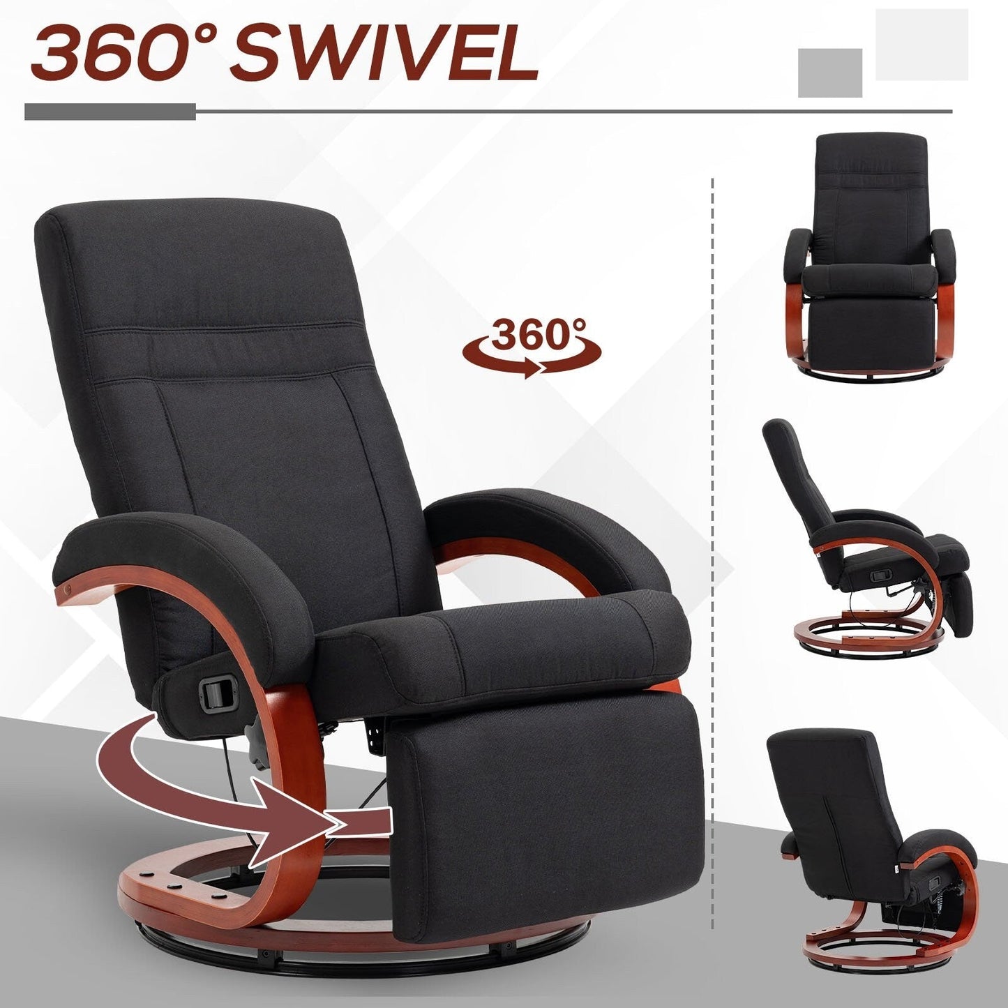 360° Swivel Wood Base Manual Recliner Chair Adjustable Recline Office Chair with Retractable Footrest and Padded Armrests