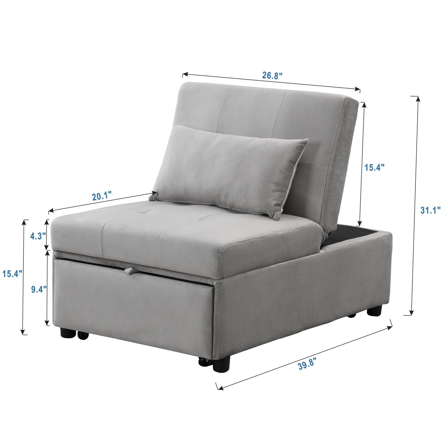 39.8 Single Folding Ottoman Sofa Bed with Adjustable Back and Pillows for Living Room