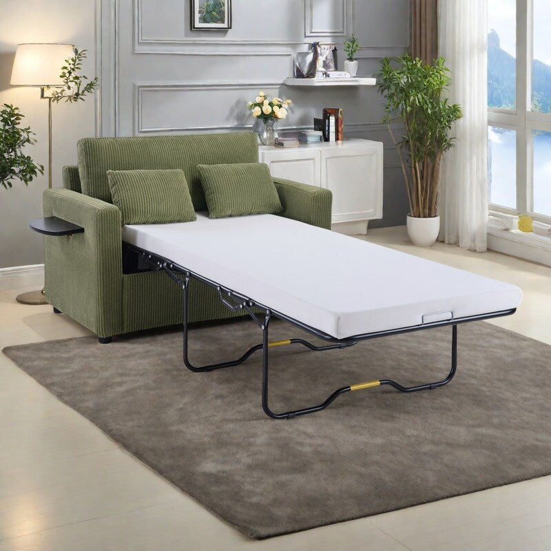 47.2 Corduroy Twin Sleeper Sofa with Foldable Mattress, Side Table, USB Ports, and Storage Pocket