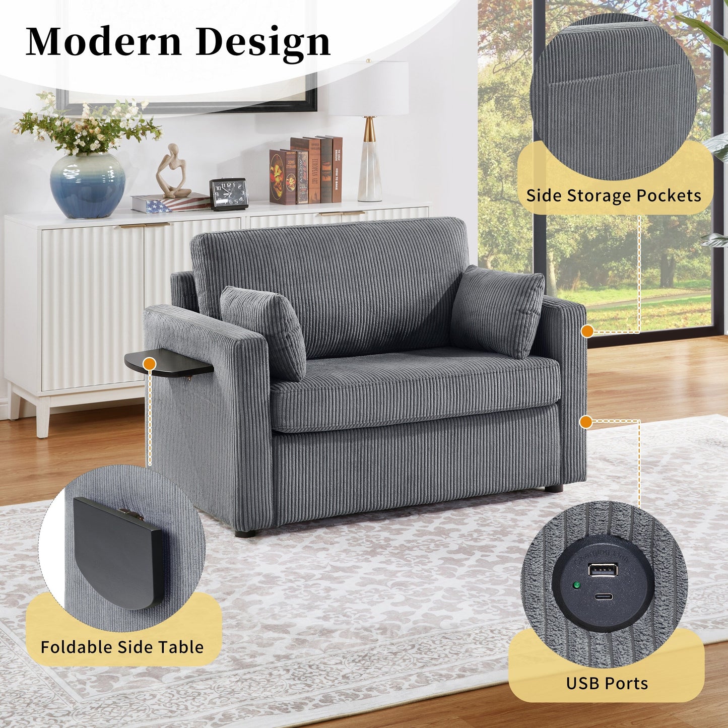 47.2 Corduroy Twin Sleeper Sofa with Foldable Mattress, Side Table, USB Ports, and Storage Pocket