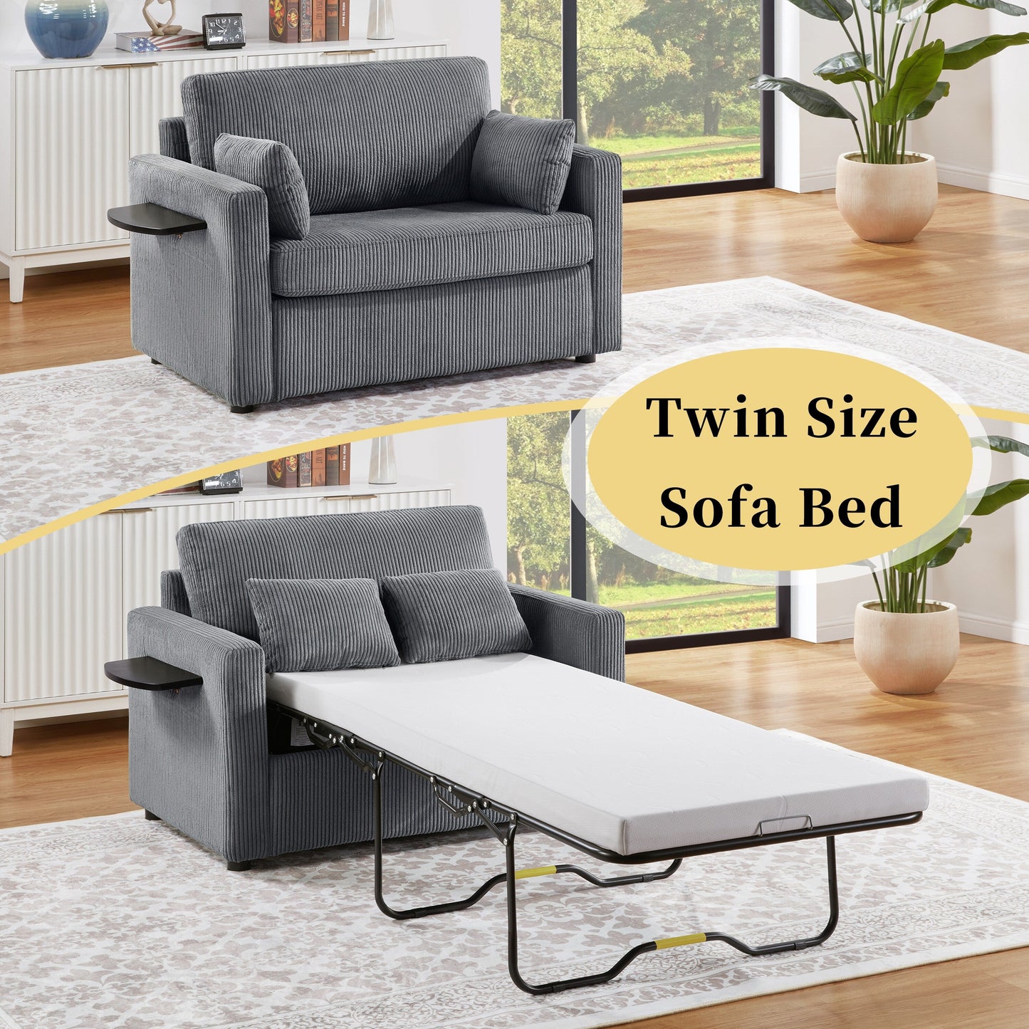 47.2 Corduroy Twin Sleeper Sofa with Foldable Mattress, Side Table, USB Ports, and Storage Pocket