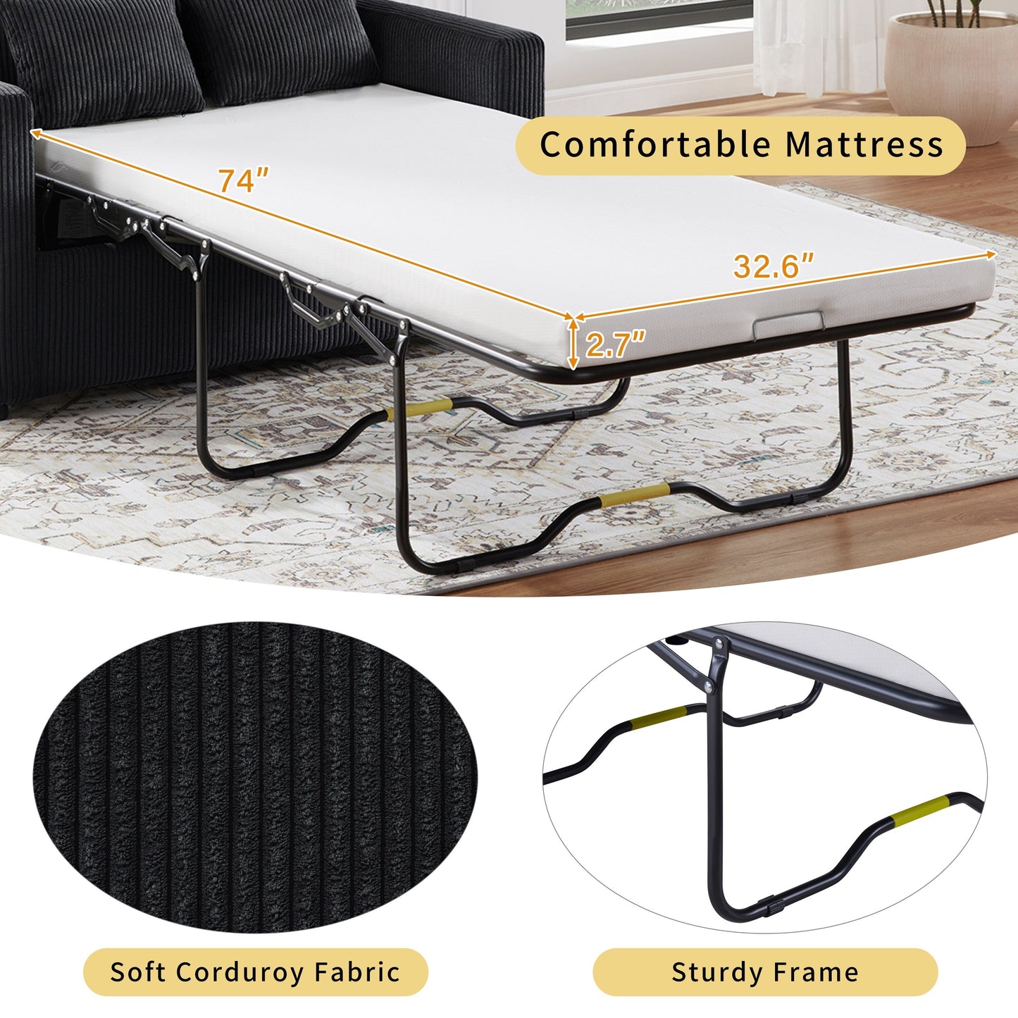 47.2 Corduroy Twin Sleeper Sofa with Foldable Mattress, Side Table, USB Ports, and Storage Pocket
