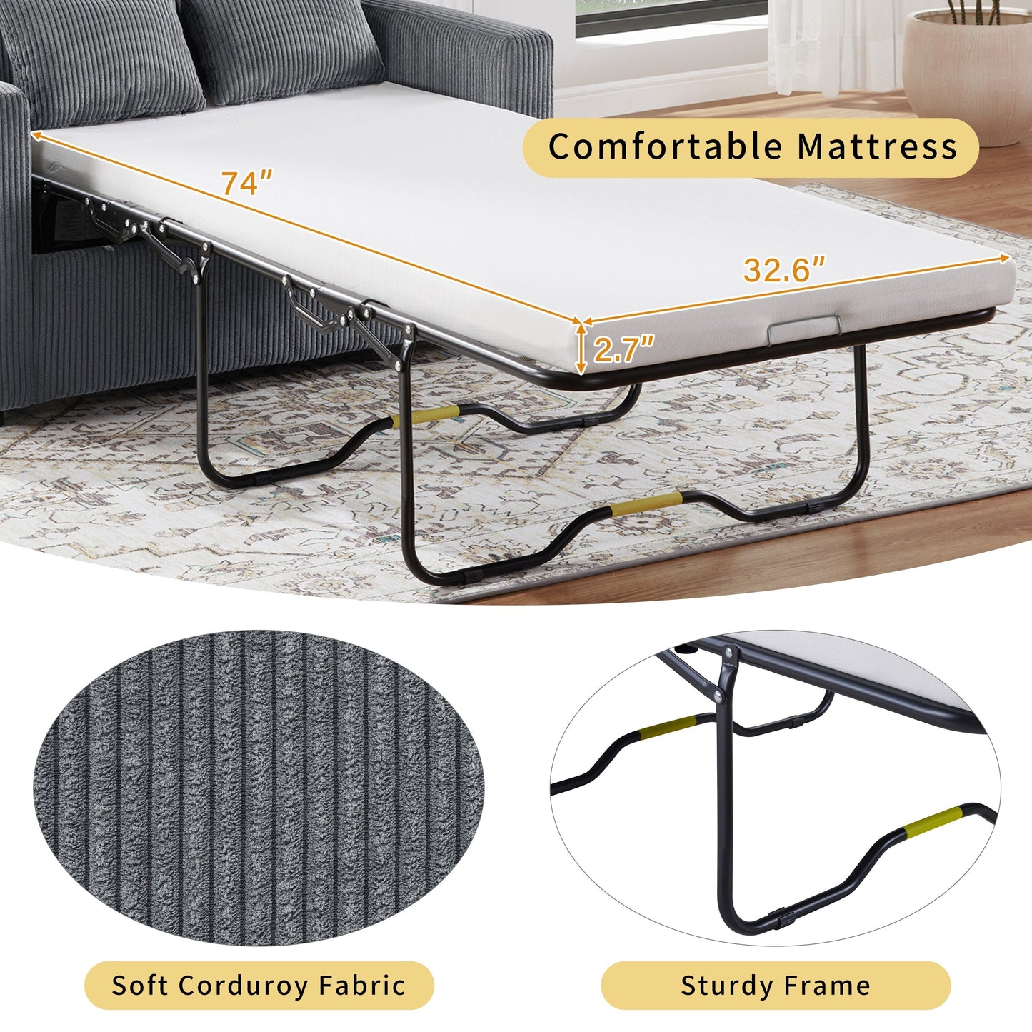 47.2 Corduroy Twin Sleeper Sofa with Foldable Mattress, Side Table, USB Ports, and Storage Pocket