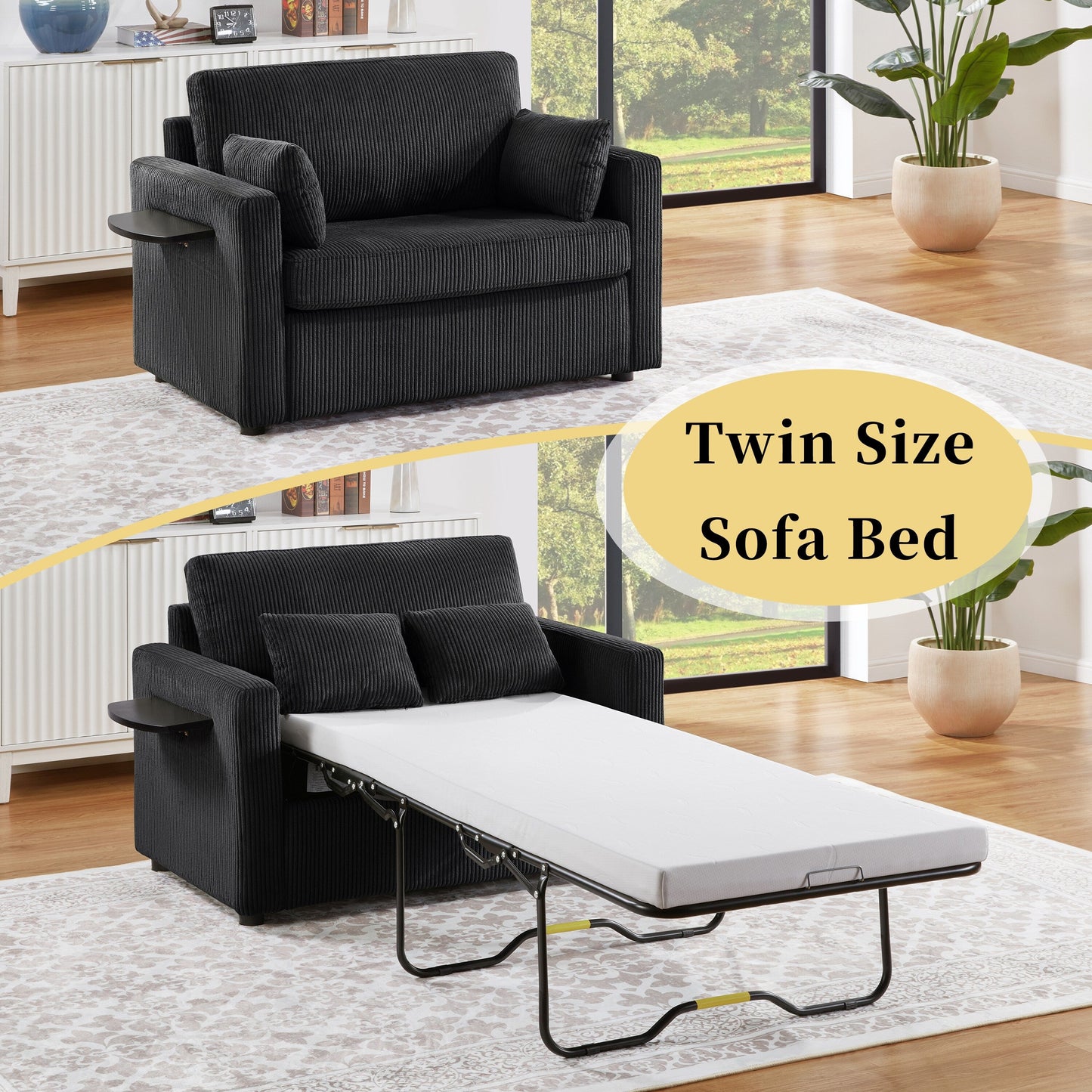 47.2 Corduroy Twin Sleeper Sofa with Foldable Mattress, Side Table, USB Ports, and Storage Pocket