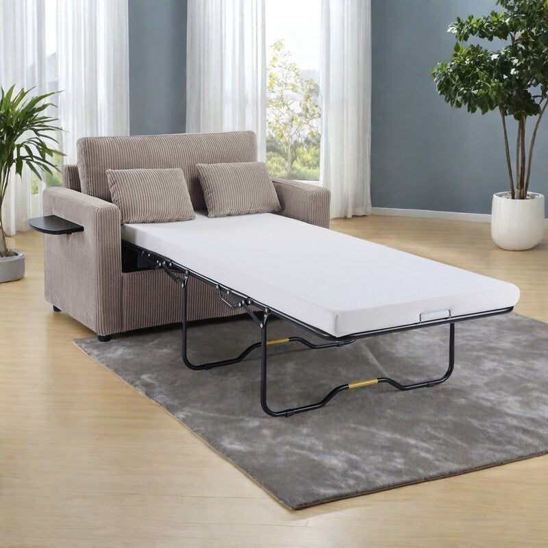 47.2 Corduroy Twin Sleeper Sofa with Foldable Mattress, Side Table, USB Ports, and Storage Pocket