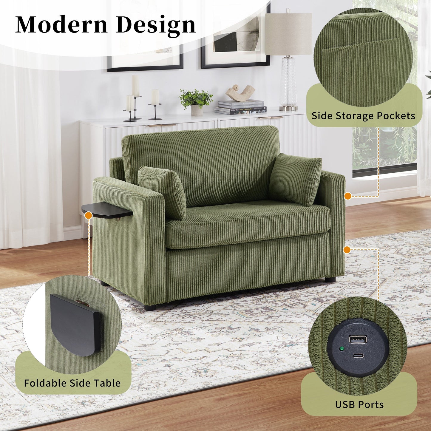 47.2 Corduroy Twin Sleeper Sofa with Foldable Mattress, Side Table, USB Ports, and Storage Pocket