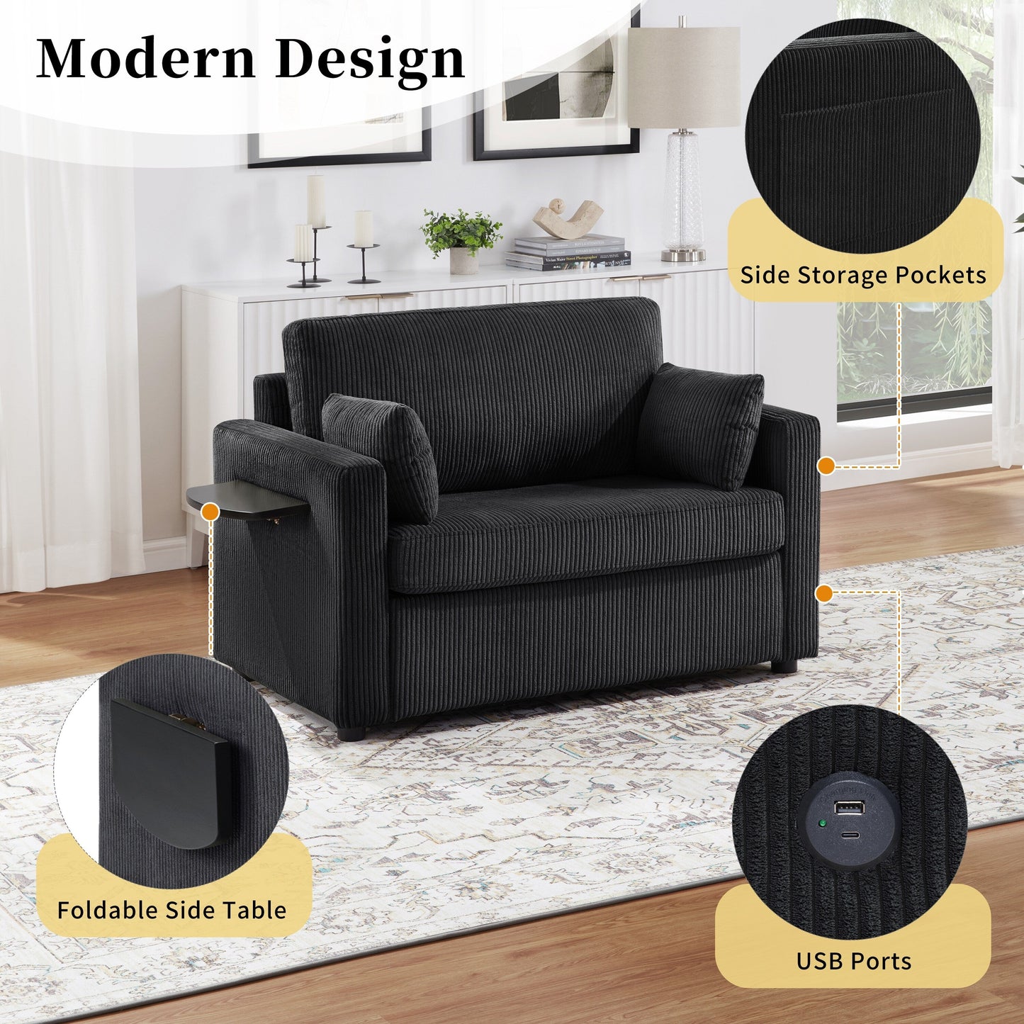 47.2 Corduroy Twin Sleeper Sofa with Foldable Mattress, Side Table, USB Ports, and Storage Pocket