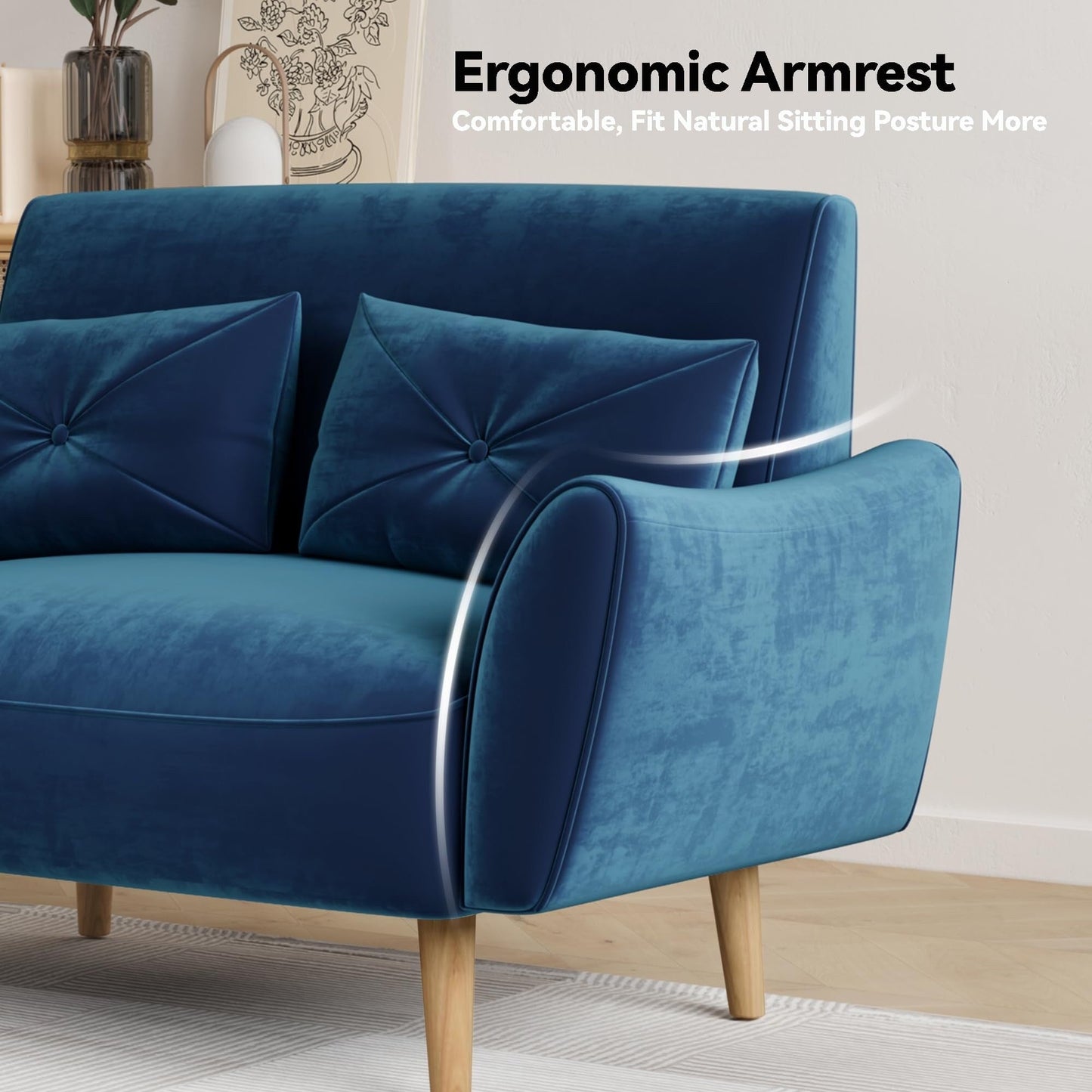 47.6 Wood 2-Seat Sofa with Convertible Tray and Curved Armrests - Compact Luxury Seating for Small Spaces