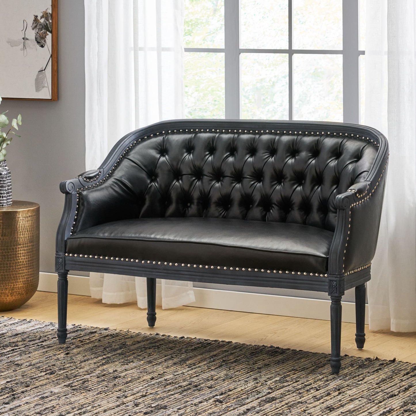 49.5 Faux Leather Loveseat Sofa with Turned Legs and Nailheads for Living Room