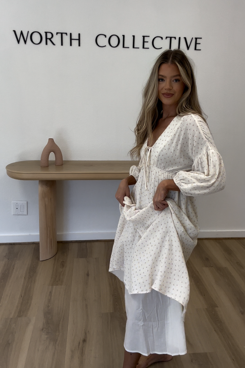 Hunter 100% Cotton Gauze Midi Dress in Natural/Brown Floral Bump Friendly (Fully Lined)