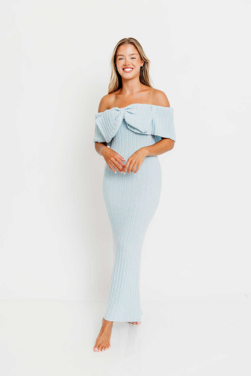 Aston Bow Front Maxi Sweater Dress in Ice Metal– Bump Friendly & Inclusive Sizing (S-3XL)