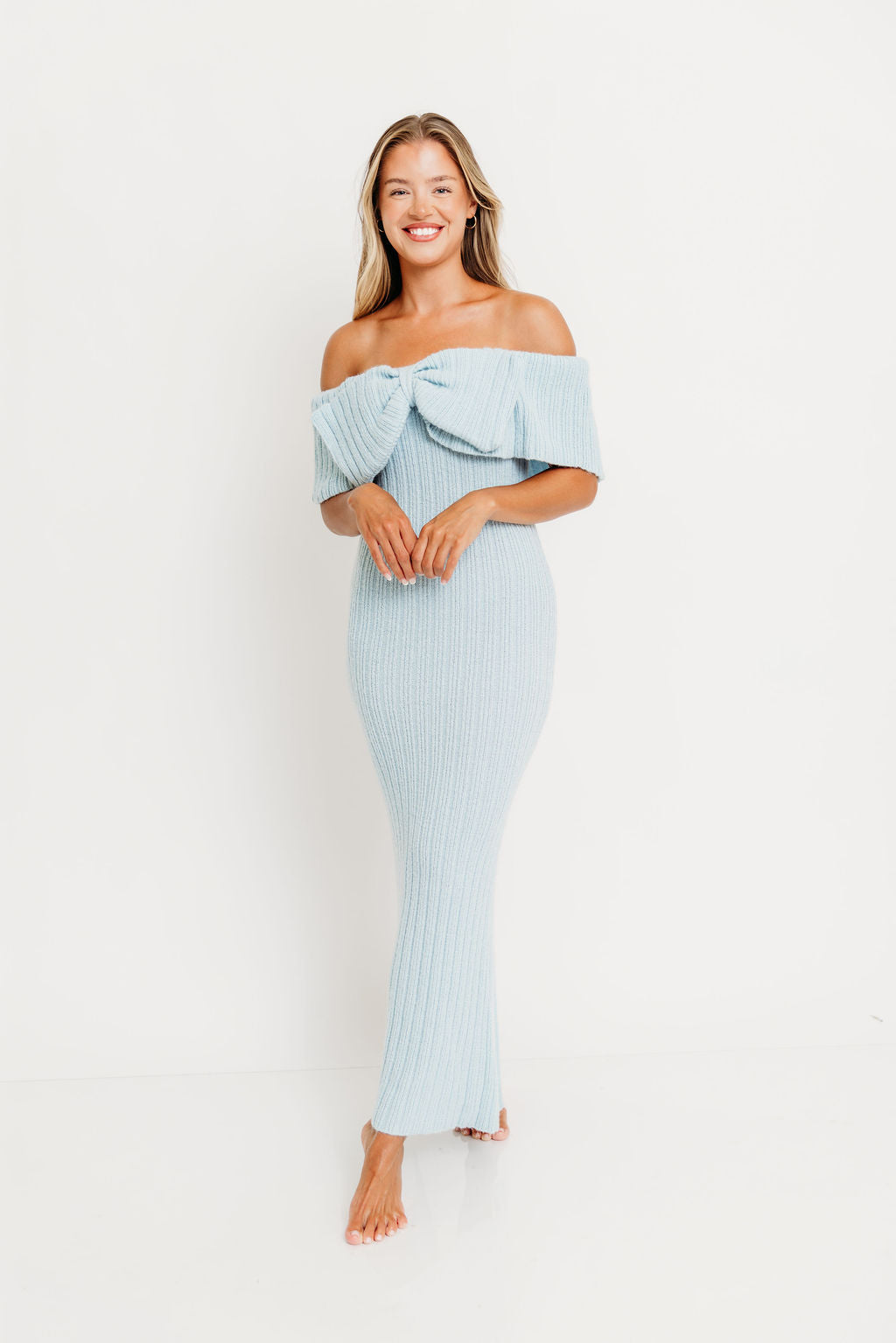 Aston Bow Front Maxi Sweater Dress in Ice Metal– Bump Friendly & Inclusive Sizing (S-3XL)