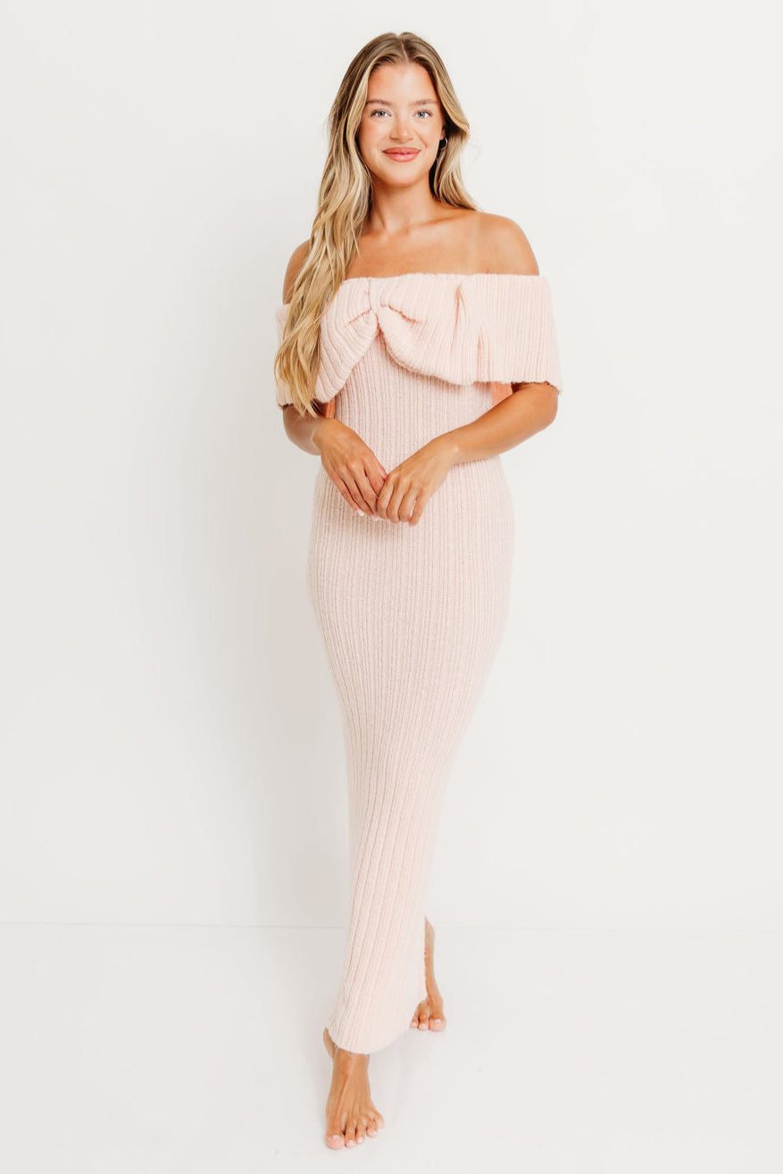 Aston Bow Front Maxi Sweater Dress in Pinkish Petal – Bump Friendly & Inclusive Sizing (S-3XL)