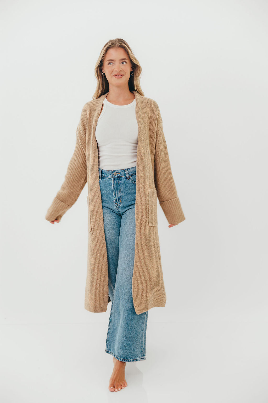 Rachel Longline Sweater Cardigan in Camel