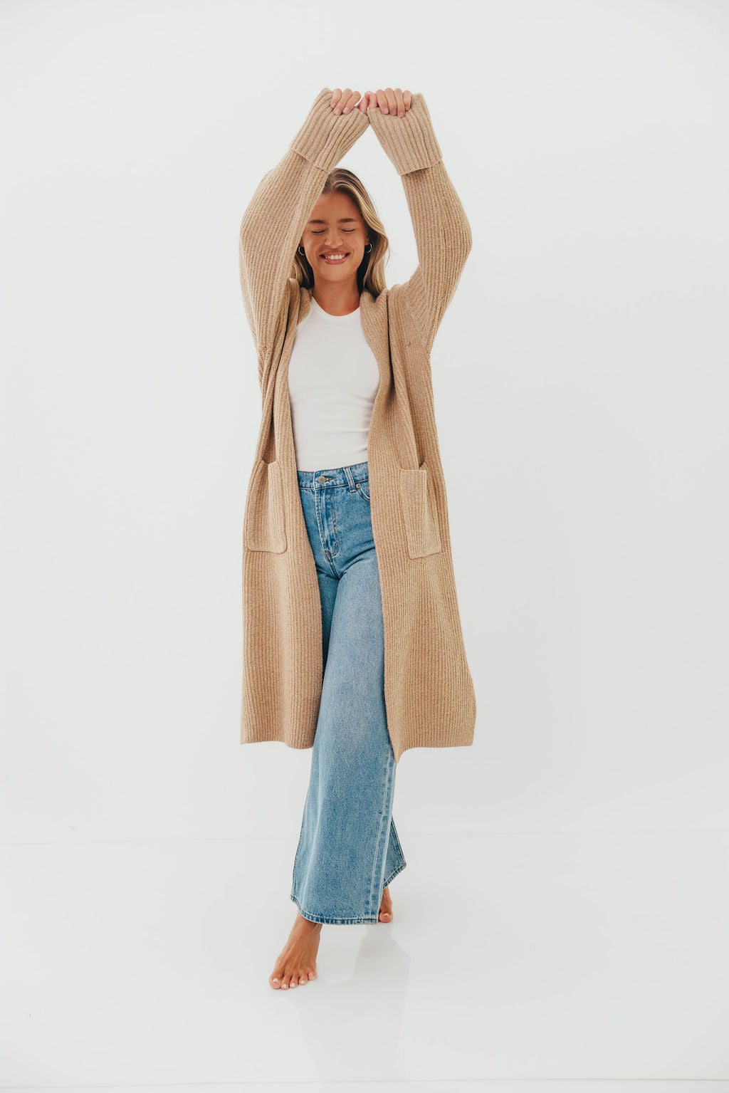 Rachel Longline Sweater Cardigan in Camel