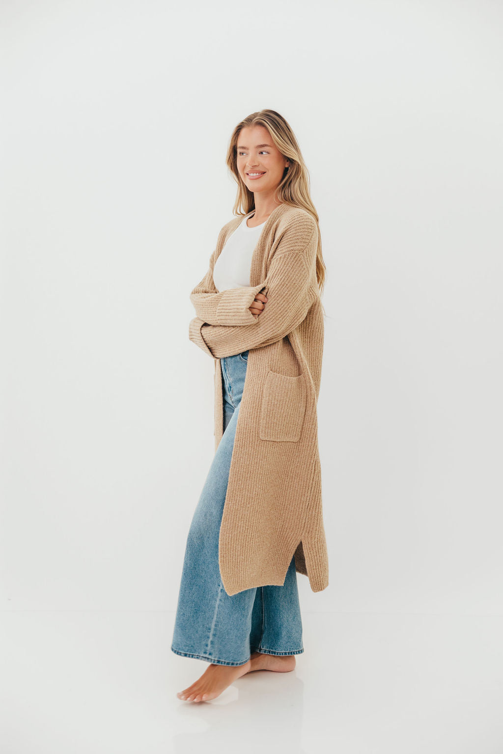 Rachel Longline Sweater Cardigan in Camel