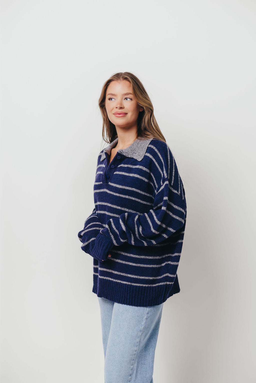 Rochelle Stripe Sweater with Contrast Collar in Navy