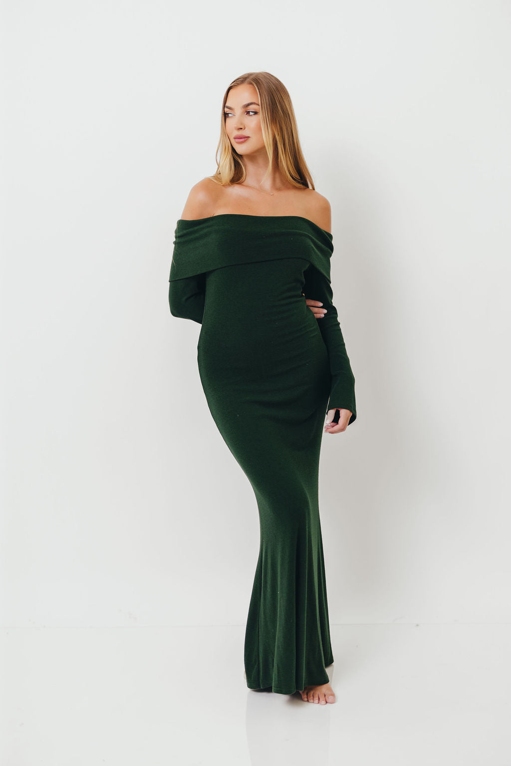 Monroe Maxi Dress with Long Sleeves in Hunter Green- Bump Friendly