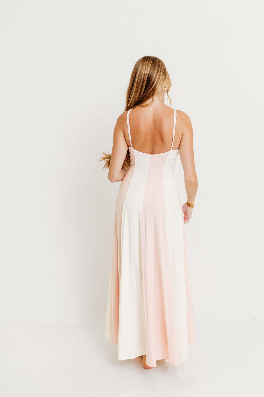 Cher Vertical Striped V-Neck Flare Maxi Dress in White/Milky Pink