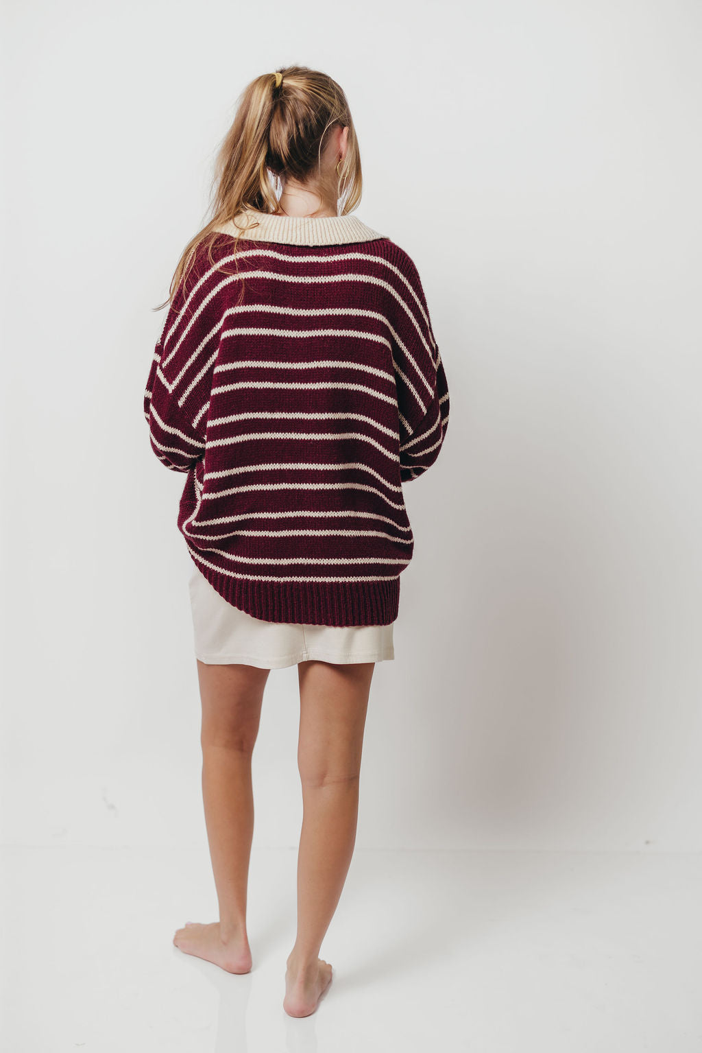 Rochelle Stripe Sweater with Contrast Collar in Burgundy