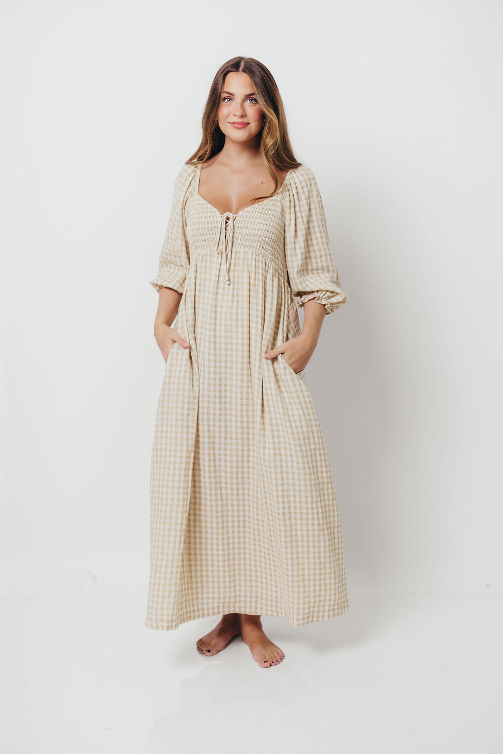 Cecilia 100% Cotton Smocked Maxi Dress in Natural Plaid - Bump Friendly *9/26 PRE-ORDER*