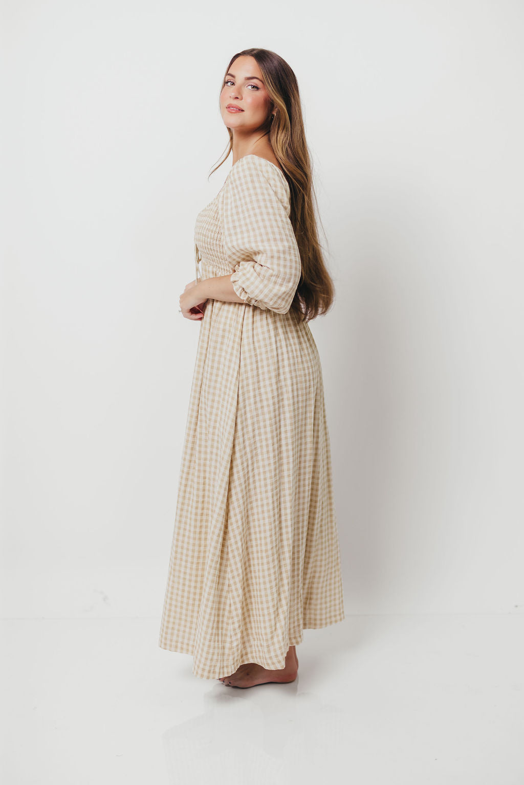 Cecilia 100% Cotton Smocked Maxi Dress in Natural Plaid - Bump Friendly *9/26 PRE-ORDER*