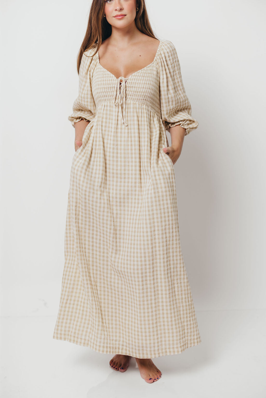 Cecilia 100% Cotton Smocked Maxi Dress in Natural Plaid - Bump Friendly *9/26 PRE-ORDER*