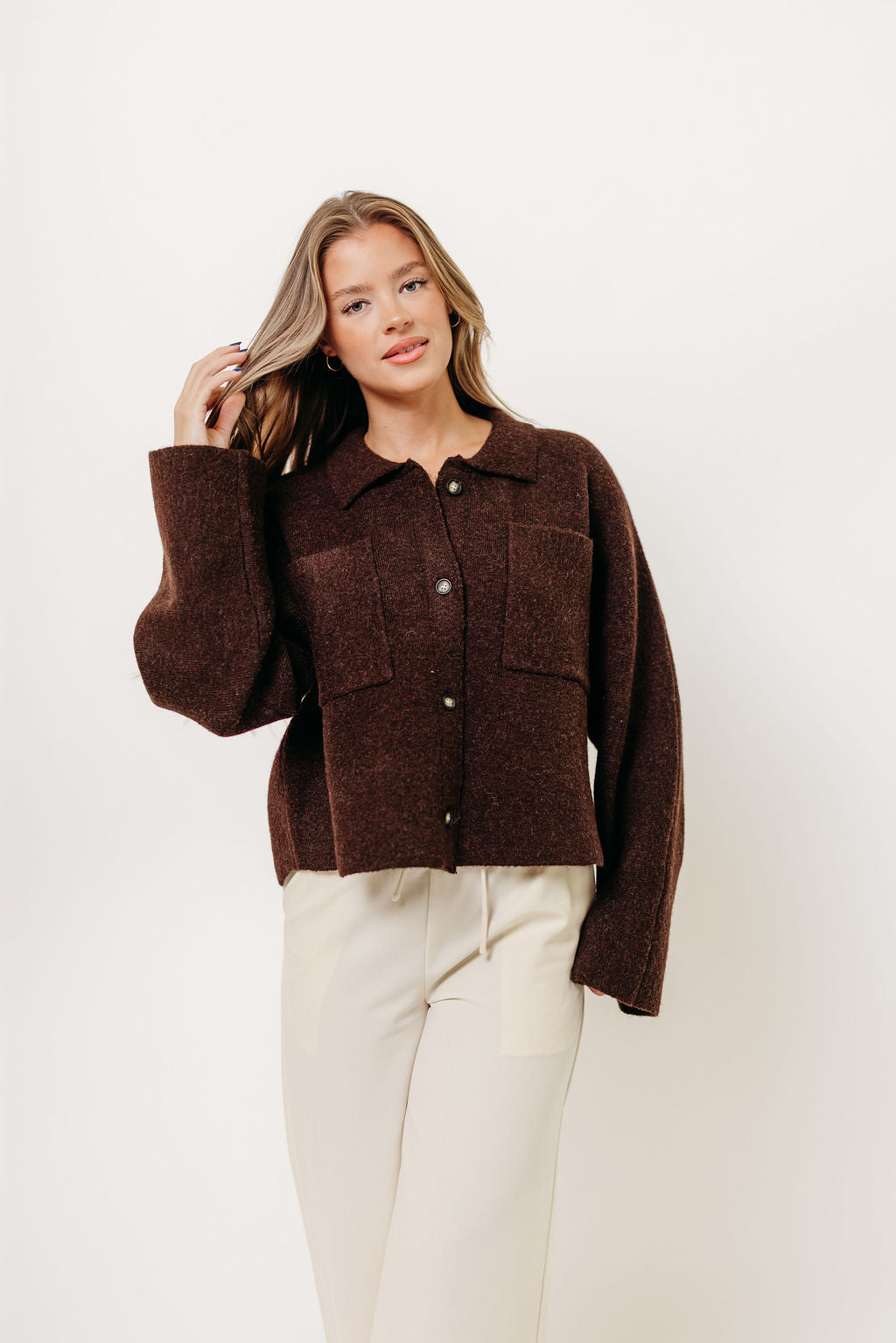 Monica Collared Button-Down Sweater in Brown
