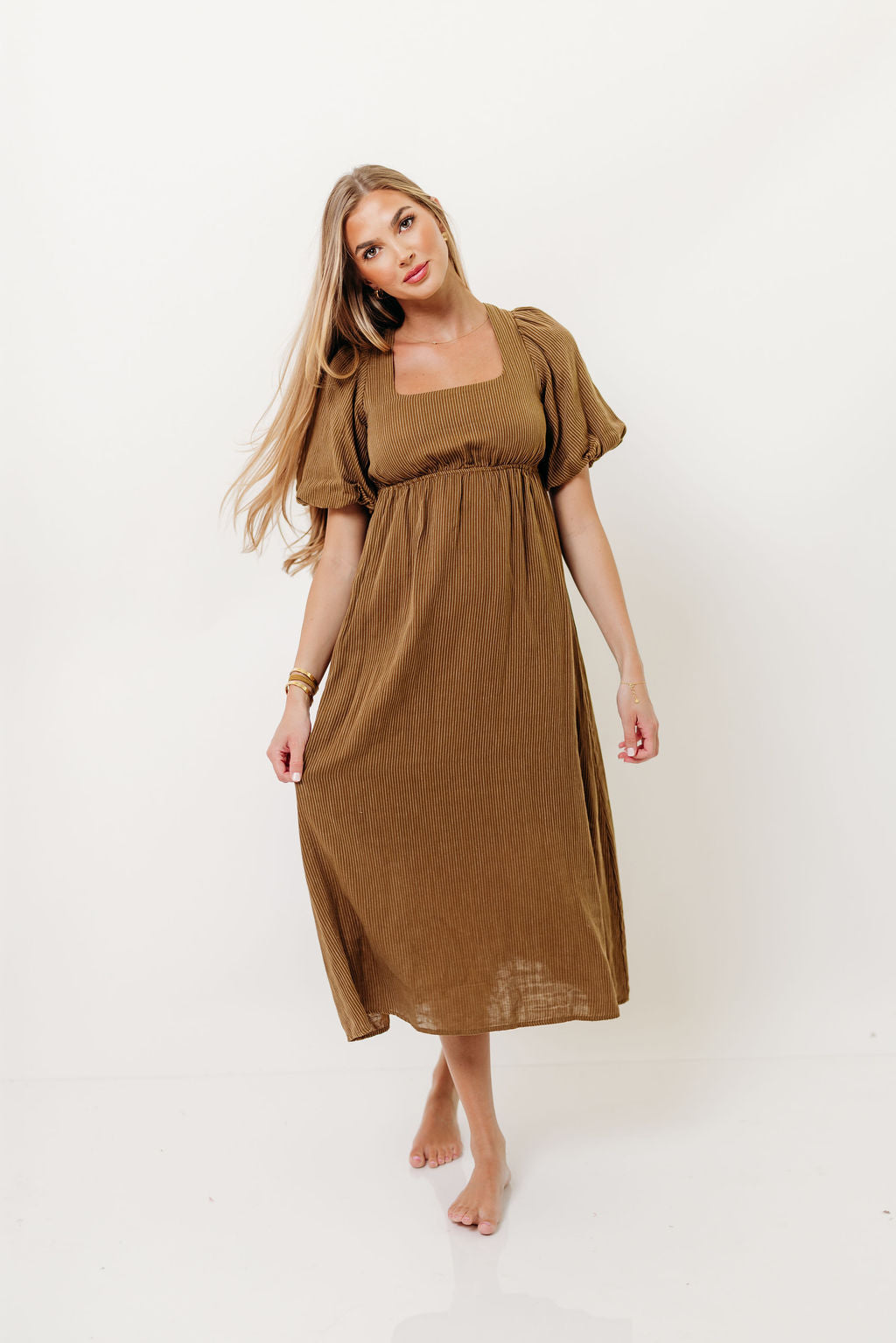 Phoebe Midi Dress in Camel/Cream