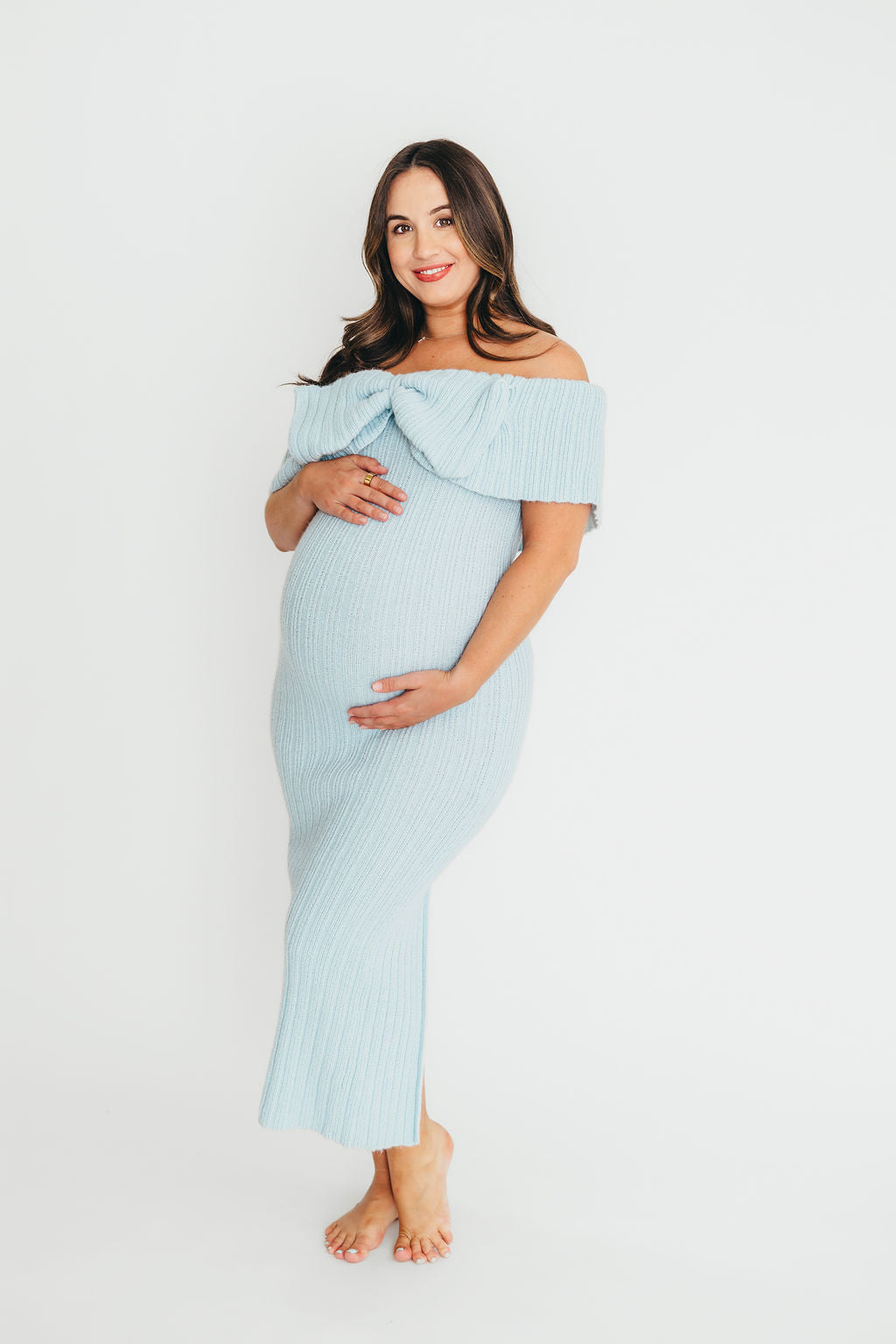Aston Bow Front Maxi Sweater Dress in Ice Metal– Bump Friendly & Inclusive Sizing (S-3XL)