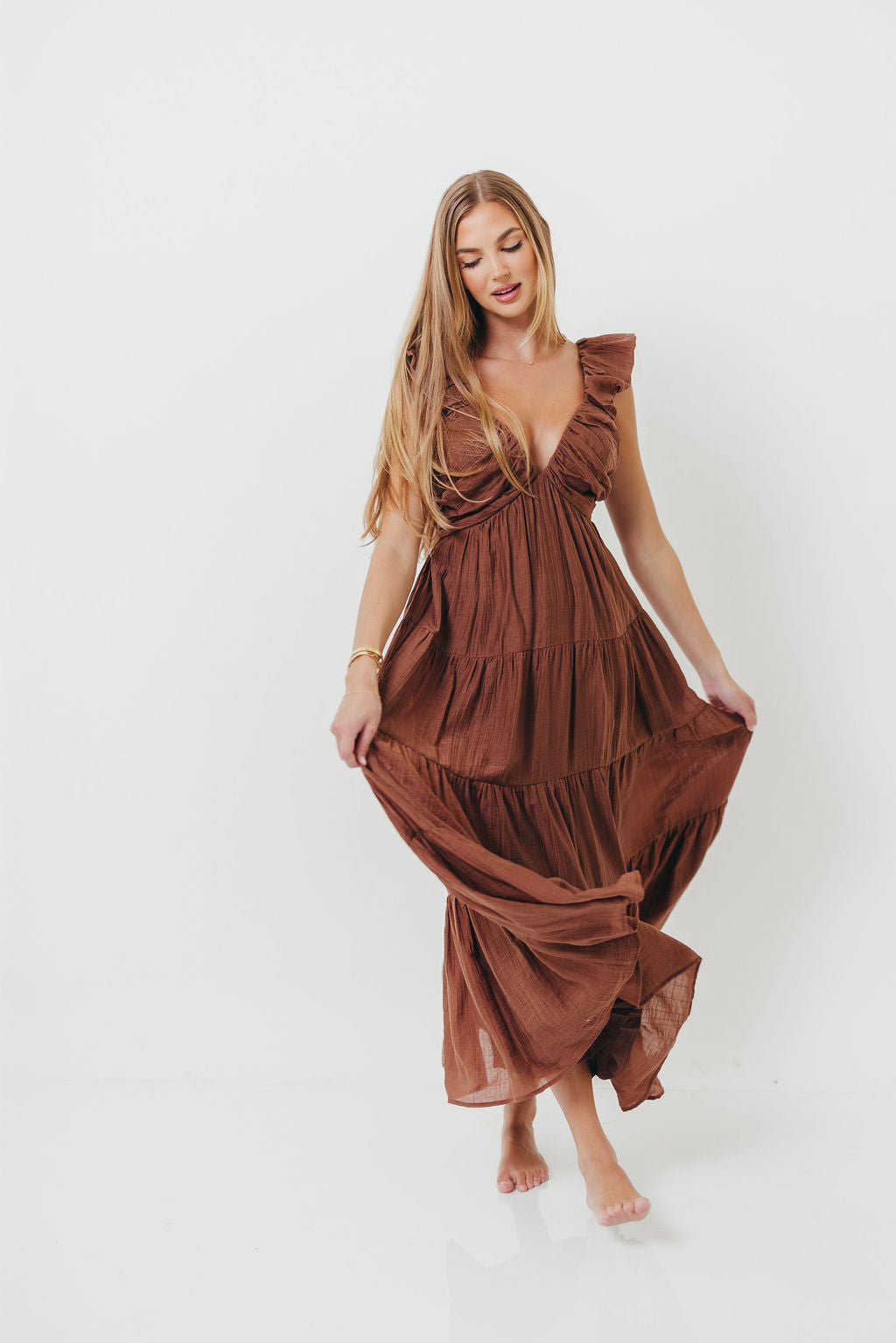 Katy Pleated Bodice Maxi Dress in Hazelnut - Bump Friendly