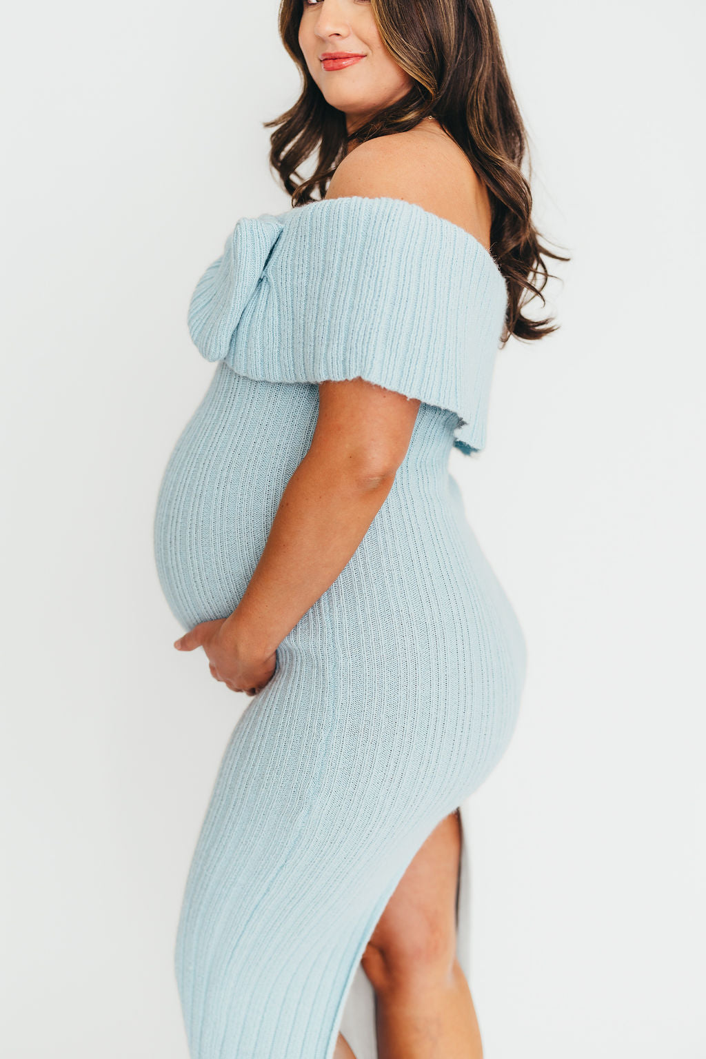 Aston Bow Front Maxi Sweater Dress in Ice Metal– Bump Friendly & Inclusive Sizing (S-3XL)