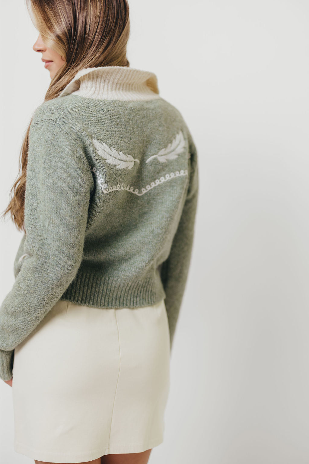 Dakota Feather Embroidered Cardigan Top in Basil