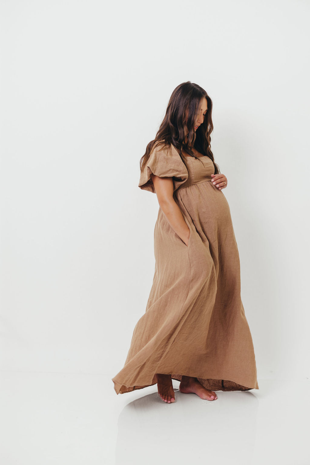 Candace Woven Linen Maxi Dress in Mocha - Bump Friendly
