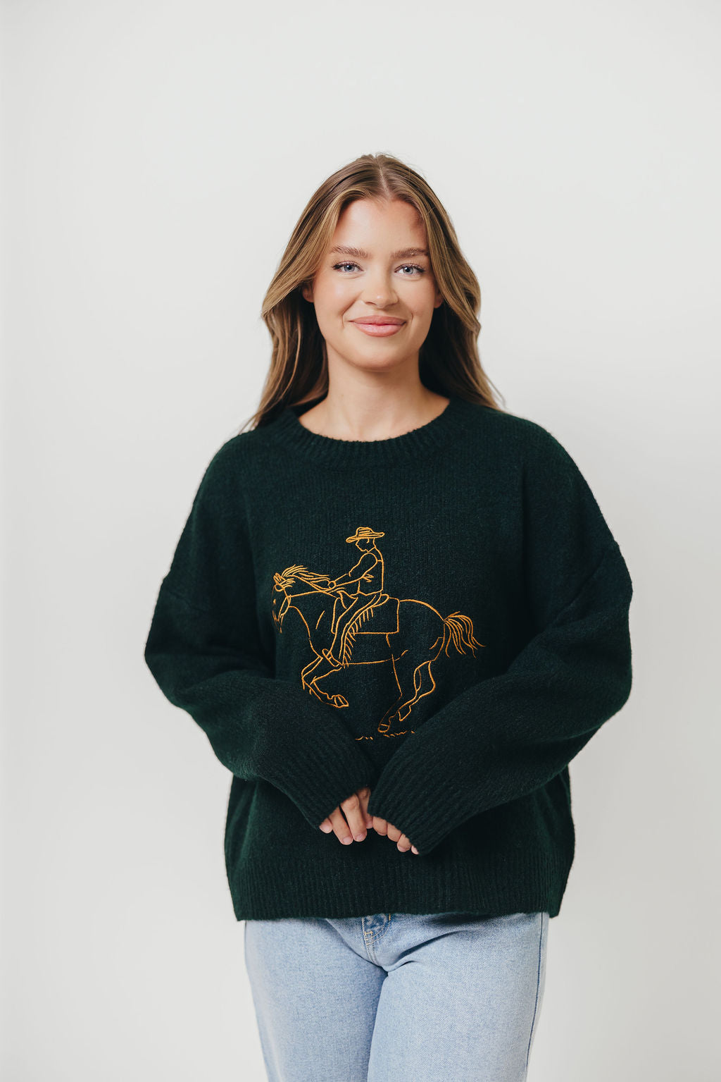 Virginia Embroidered Cowboy Knit Sweater in Deep Forest