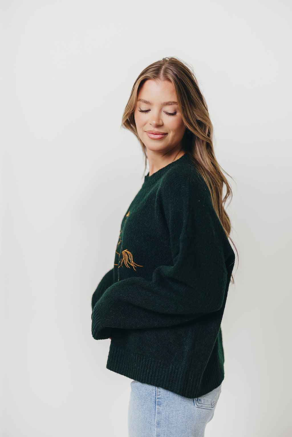 Virginia Embroidered Cowboy Knit Sweater in Deep Forest