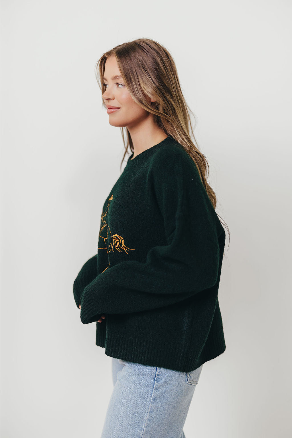 Virginia Embroidered Cowboy Knit Sweater in Deep Forest