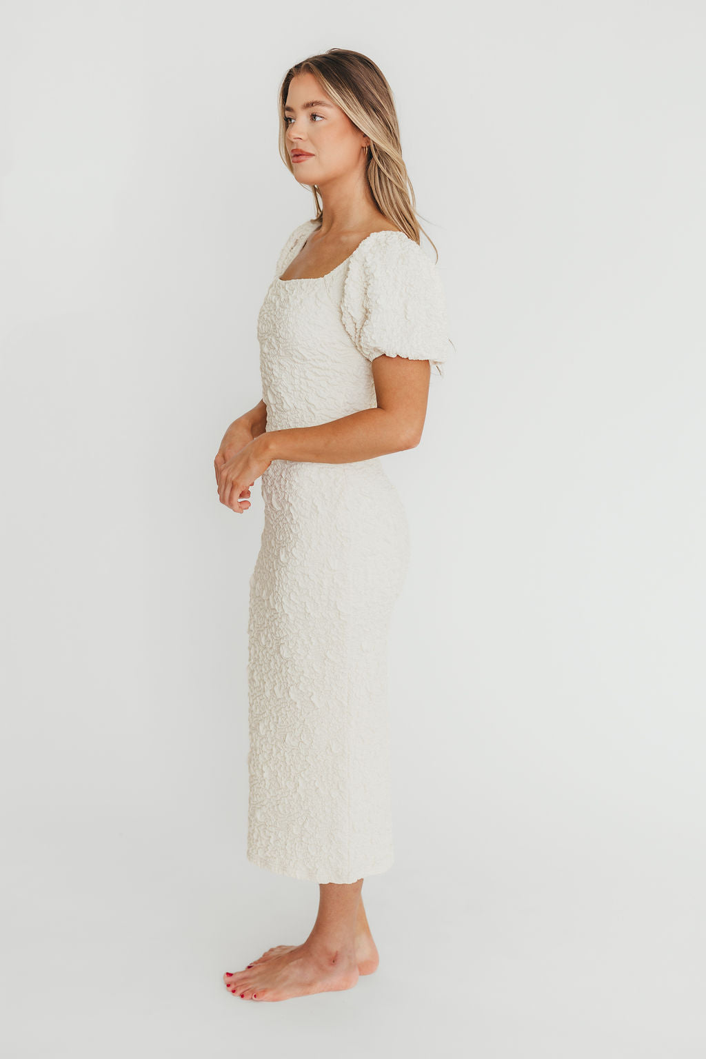 Blakeley Textured Midi Dress in Ivory - Bump Friendly & Inclusive Sizing (S-3XL)