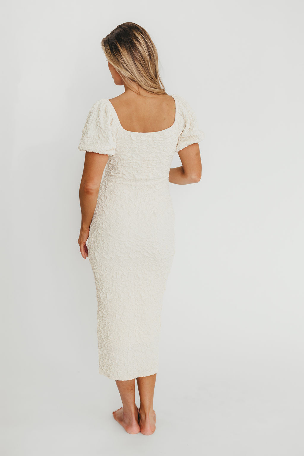 Blakeley Textured Midi Dress in Ivory - Bump Friendly & Inclusive Sizing (S-3XL)