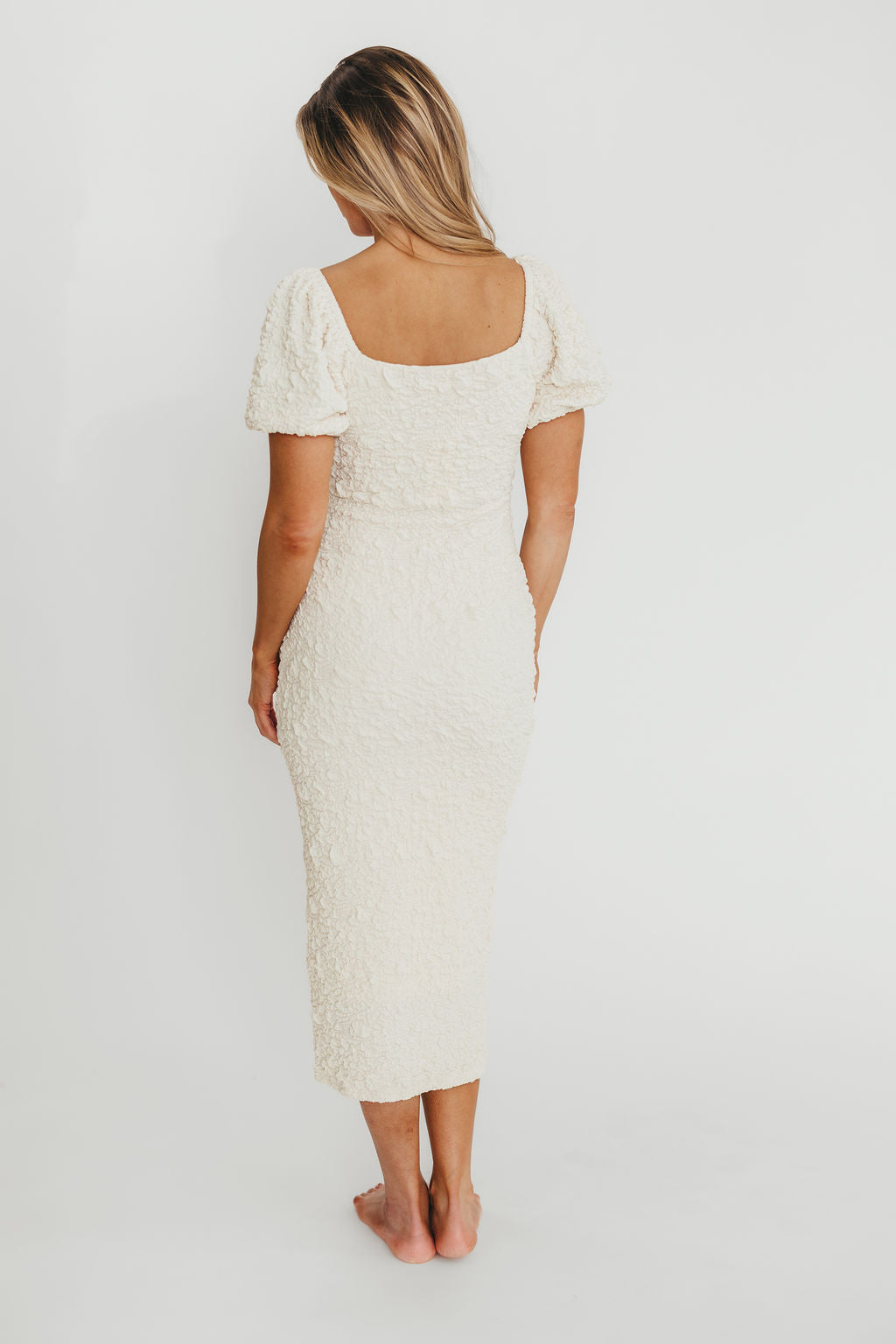 Blakeley Textured Midi Dress in Ivory - Bump Friendly & Inclusive Sizing (S-3XL)