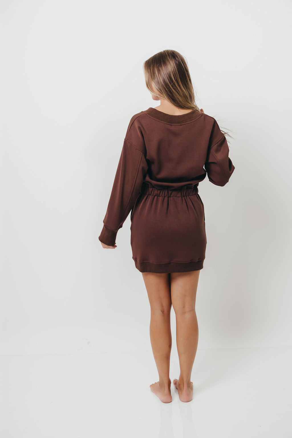 Sansa Butter Modal V-Neck Ribbed Contrast Mini Dress in Cocoa