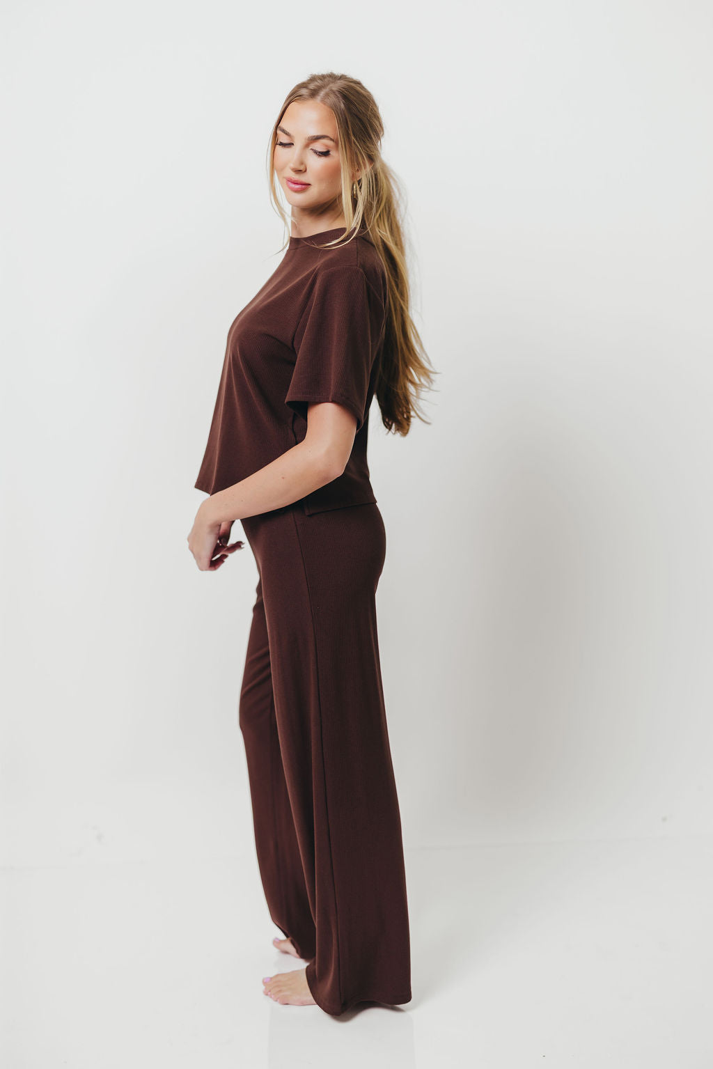 Shancie Ribbed Knit Fleece Lounge Set in Chocolate