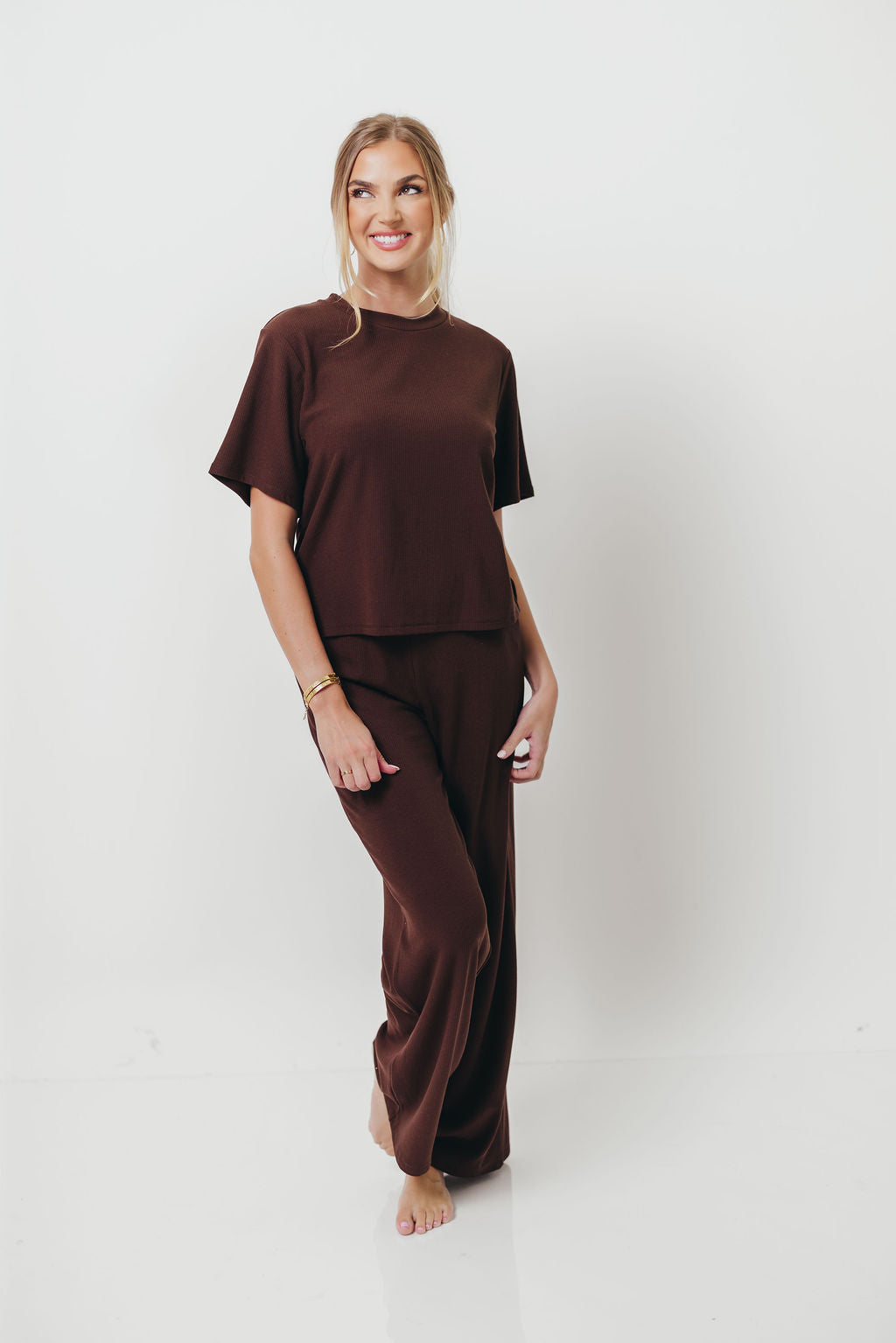 Shancie Ribbed Knit Fleece Lounge Set in Chocolate