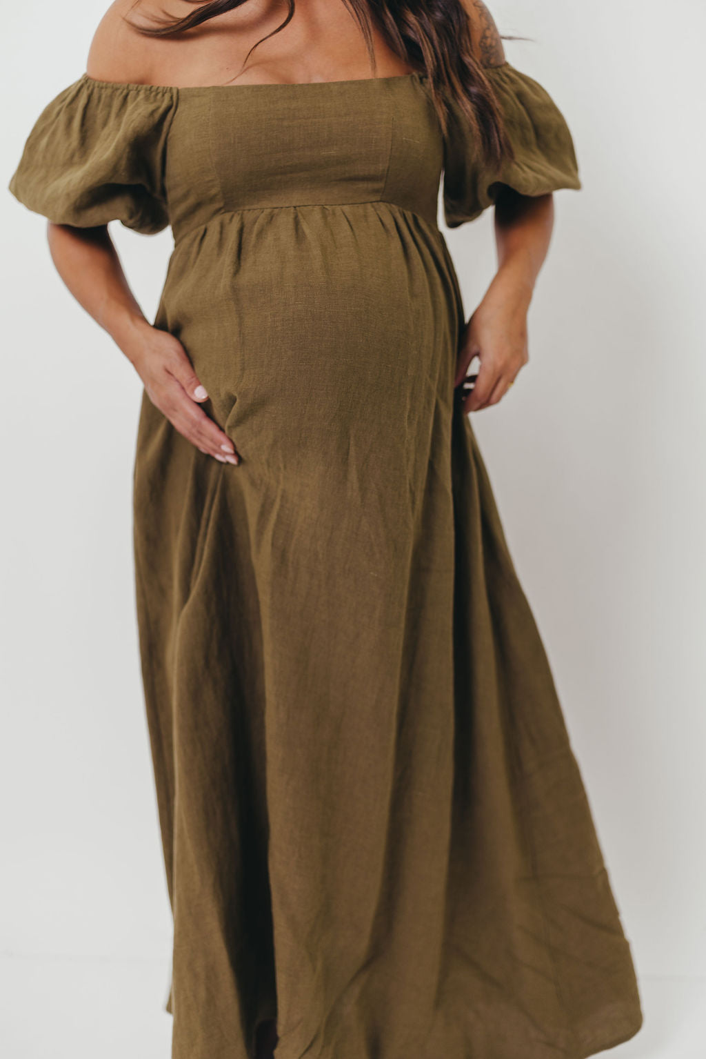 Candace Woven Linen Maxi Dress in Dark Olive - Bump Friendly