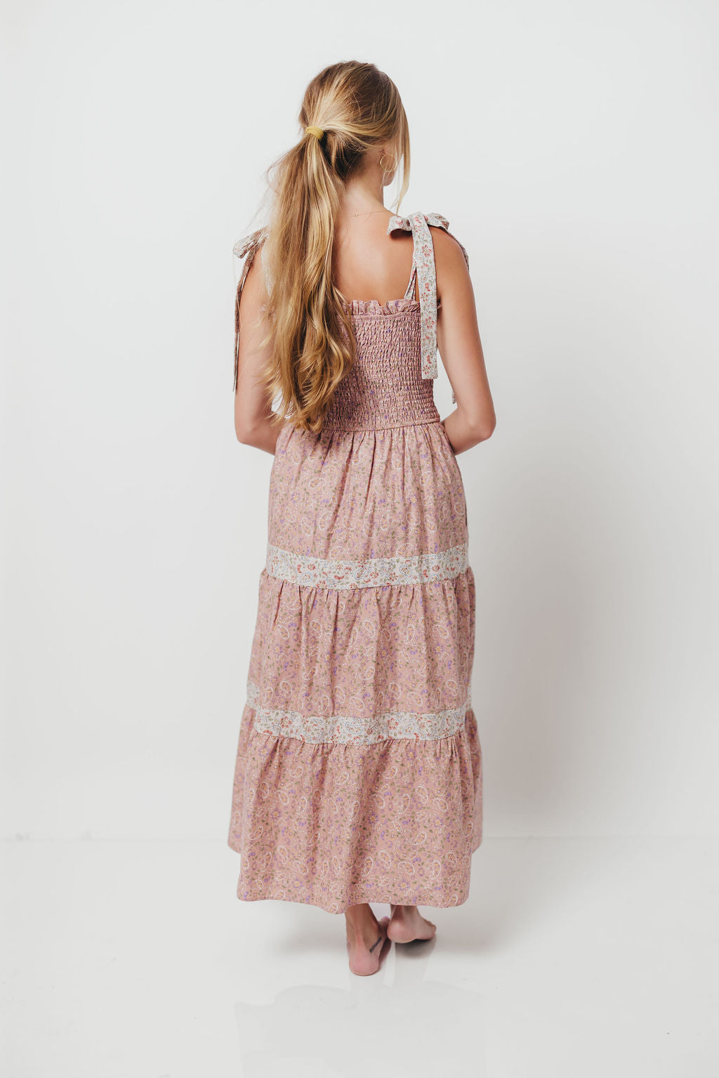 Paisley Tiered Midi Dress in Nude Pink