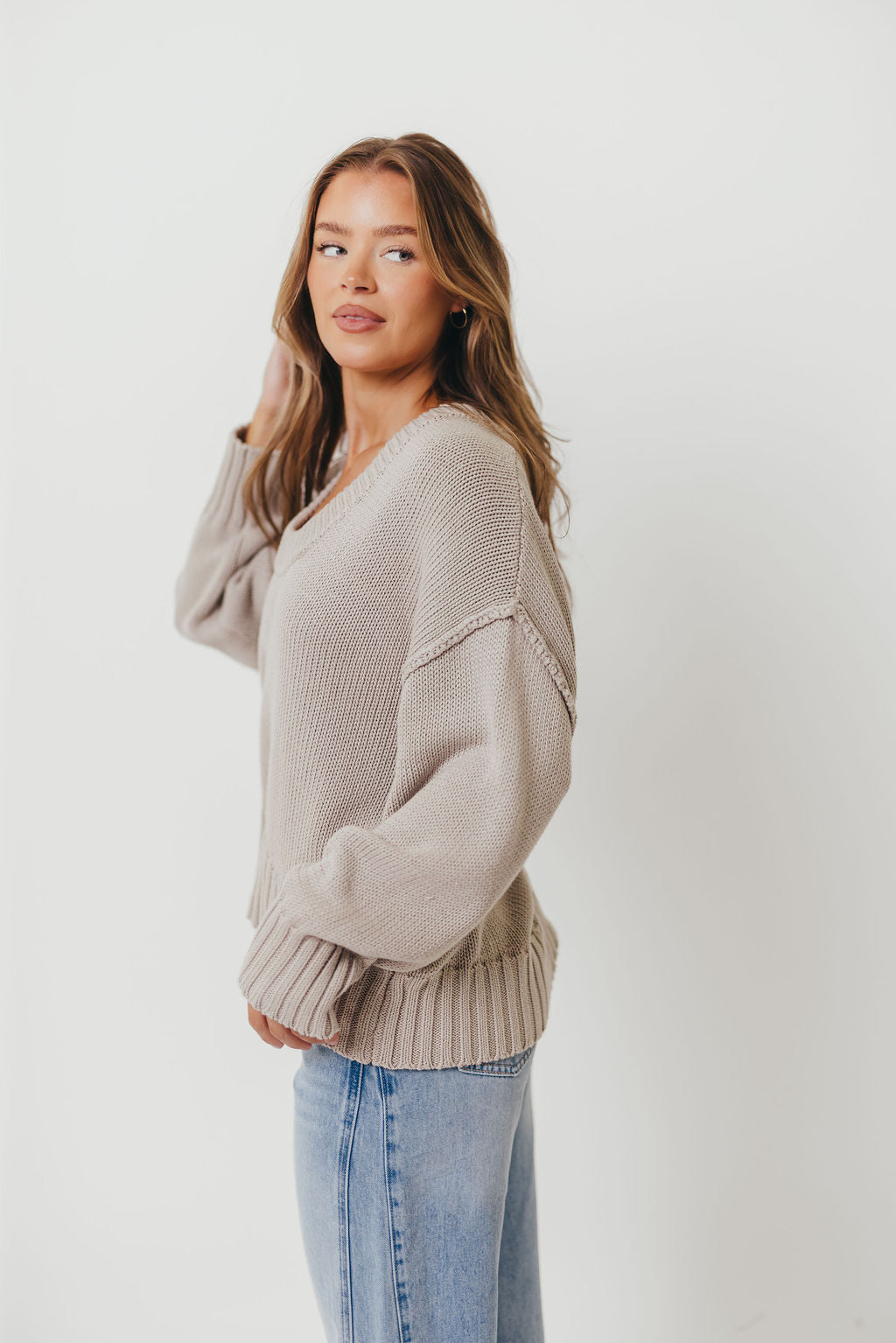 Lola 100% Cotton Scoop Neck Drop Shoulder Knit Sweater in Grey