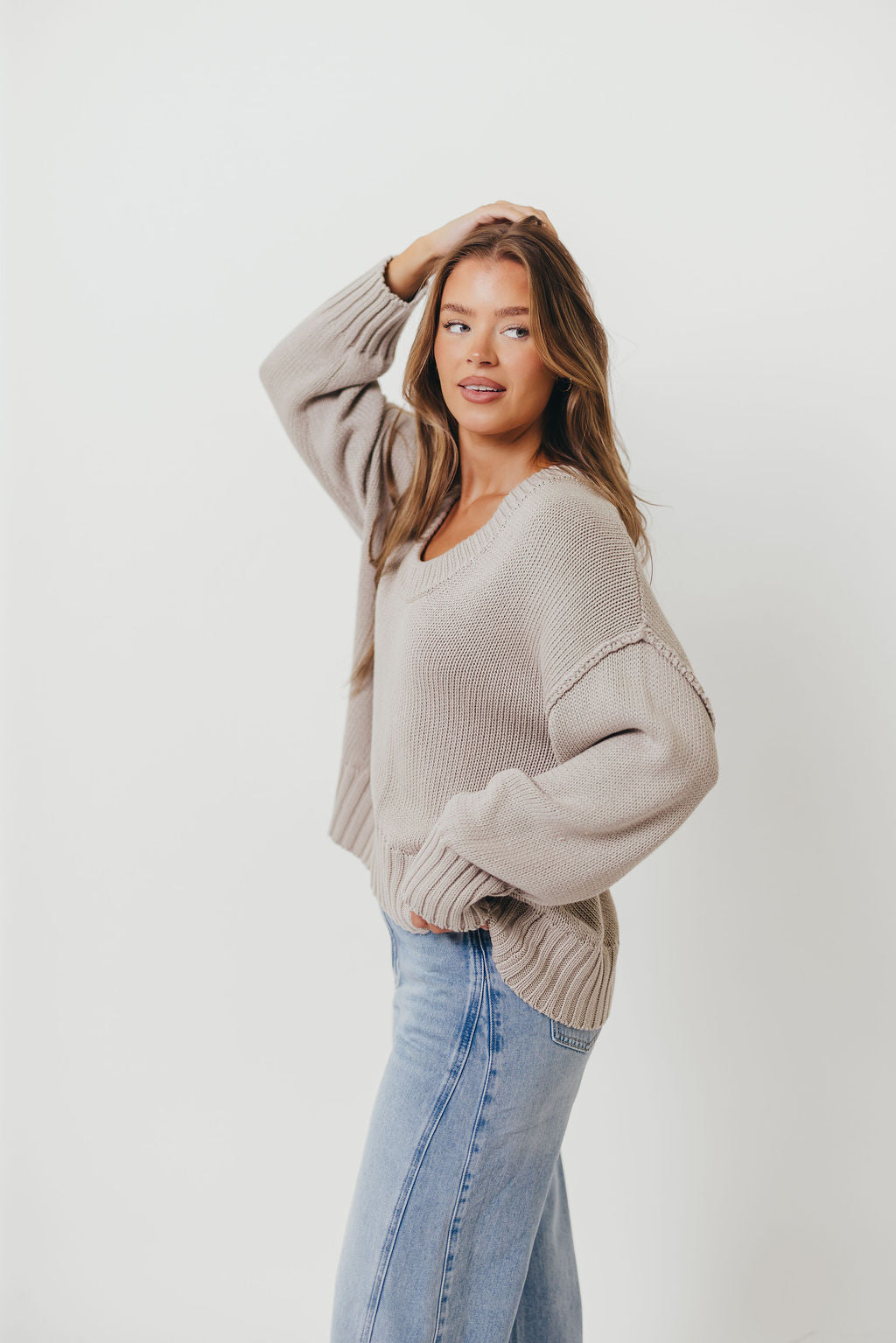 Lola 100% Cotton Scoop Neck Drop Shoulder Knit Sweater in Grey