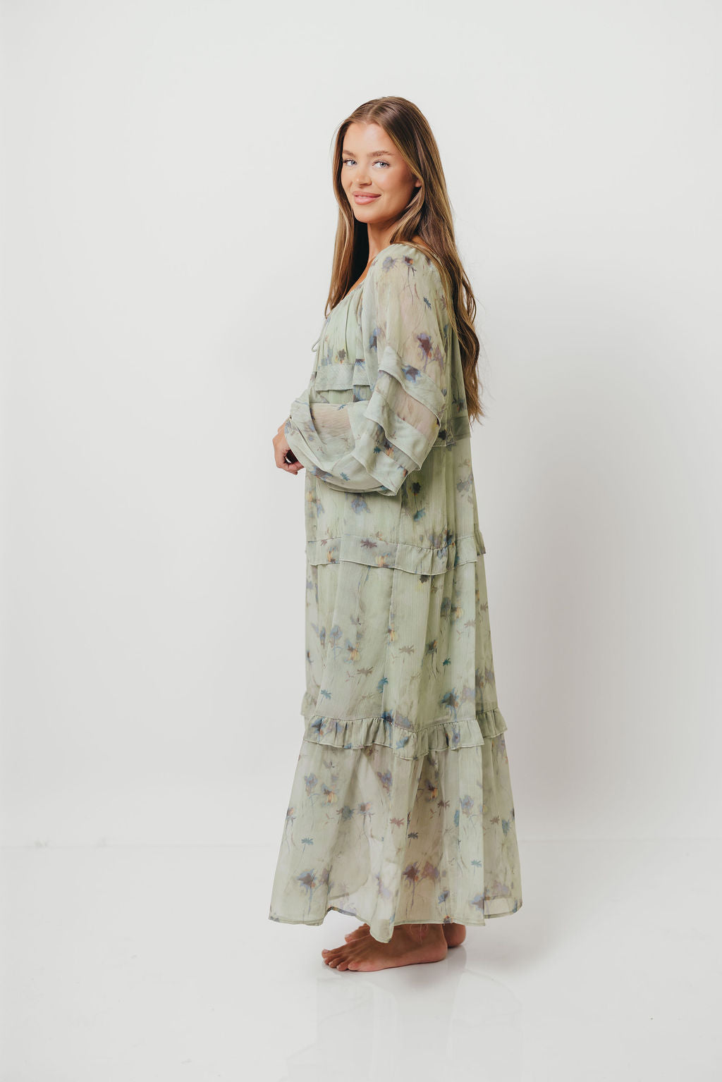 Wildwood Ruffled Maxi Dress in Sage Multi